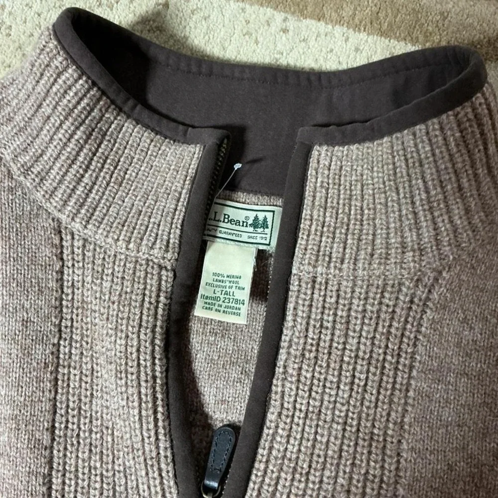 LL Bean Mens 100% Merino Lambswool Quarter Zip Sweater Taupe Brown L Tall 237814